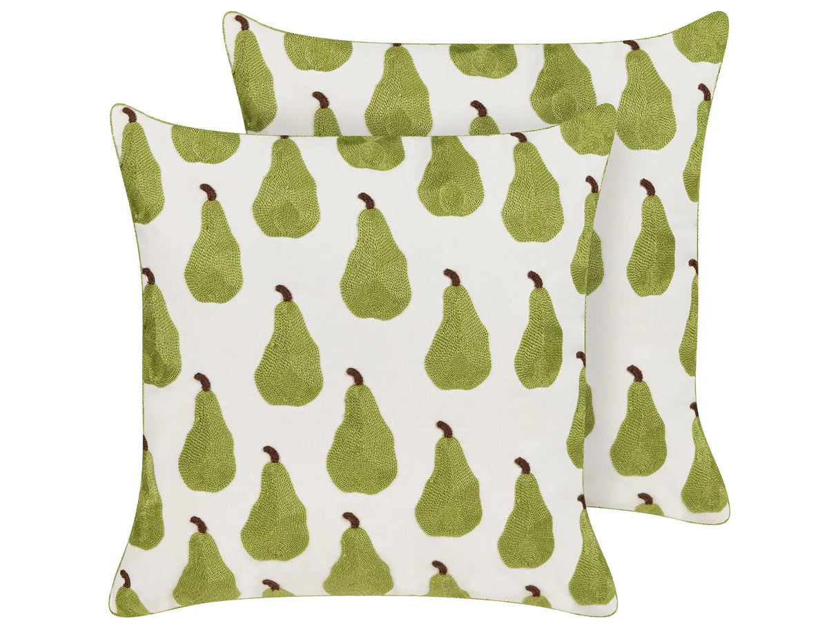 Set of 2 Decorative Cushions Green White Cotton Polyester 45 x 45 cm Pear Pattern Fruit Motif Embroidered Decor Accessories Beliani