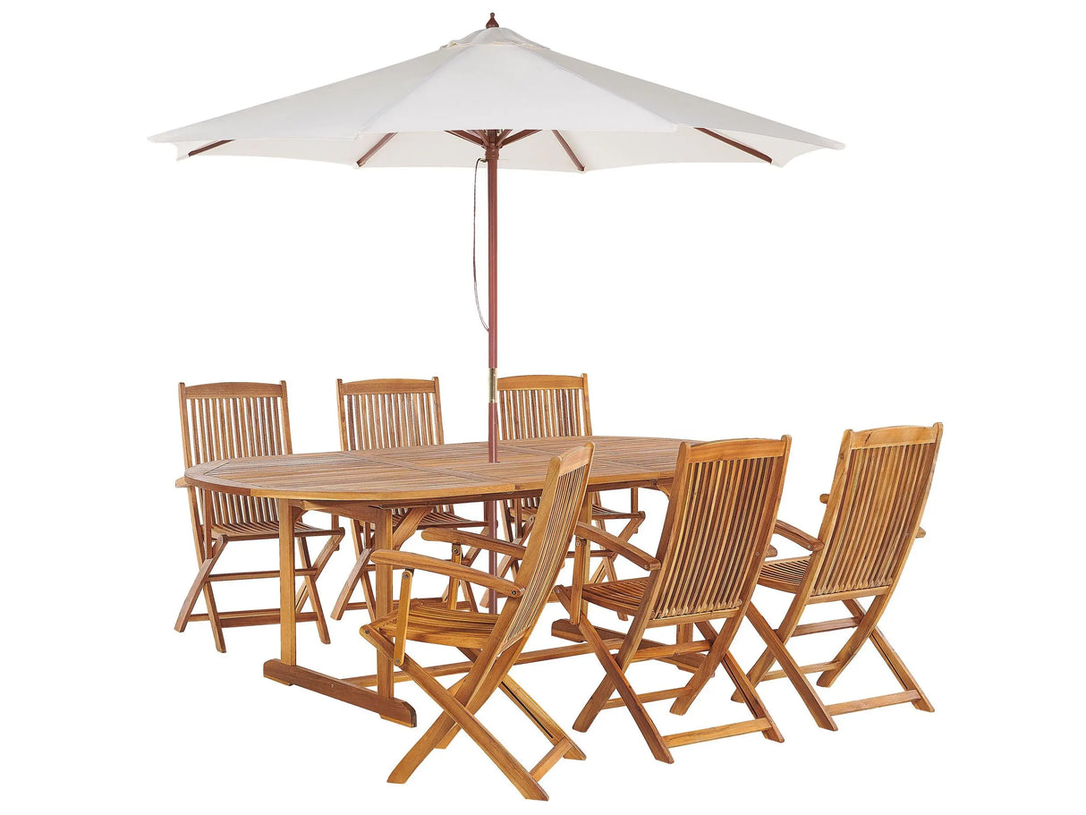 Outdoor Dining Set Light Acacia Wood 6 Seater Table Folding Chairs Rustic Design Parasol to Choose Beliani