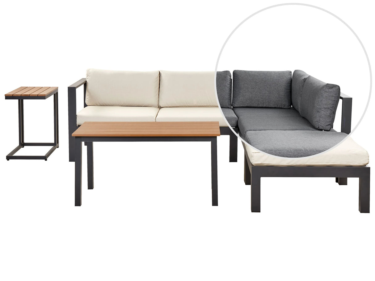 5 Seater Garden Corner Sofa Set Black Metal Frame Grey/Beige Cushions Slatted Coffee Table Modern Scandinavian Outdoor Conversation Set Beliani