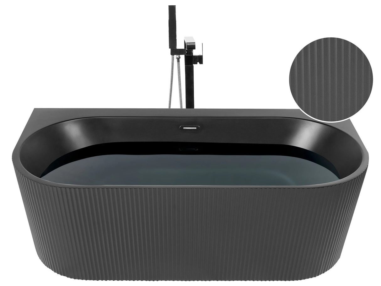 Oval Back to Wall Bath Matt Black Acrylic 171 x 90 cm Fluted Finish Modern Style Bathroom Beliani