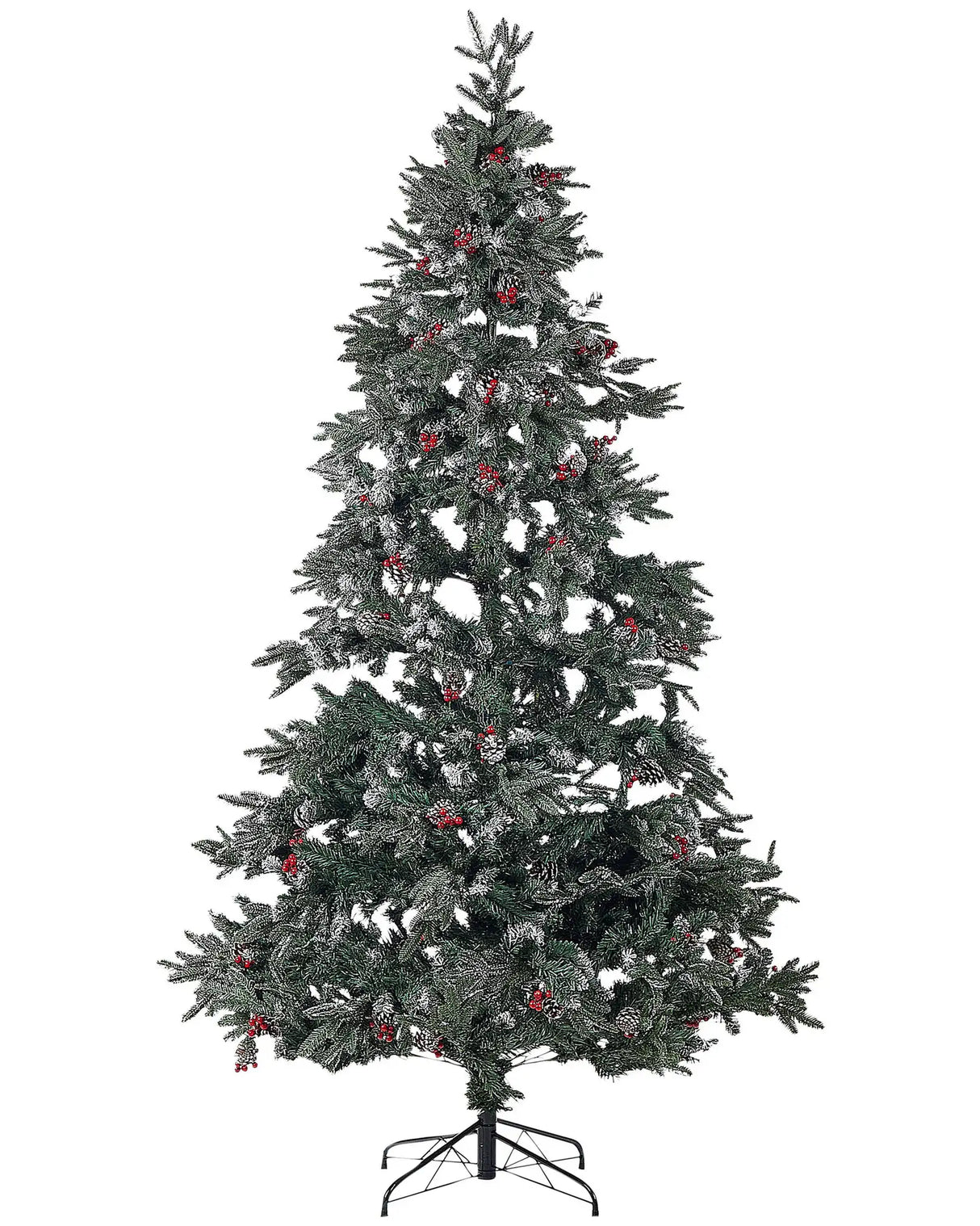Artificial Snow Christmas Tree Green PVC Metal Base 240 cm with Pine Cones Holly Berries Frosted Branches Traditional Beliani