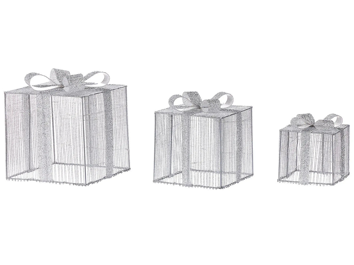Set of 3 Outdoor LED Decoration Silver Metal 25 x 25 x 25 cm Christmas Gifts Presents Seasonal Accessory Garden Home Dcor with Lights Beliani