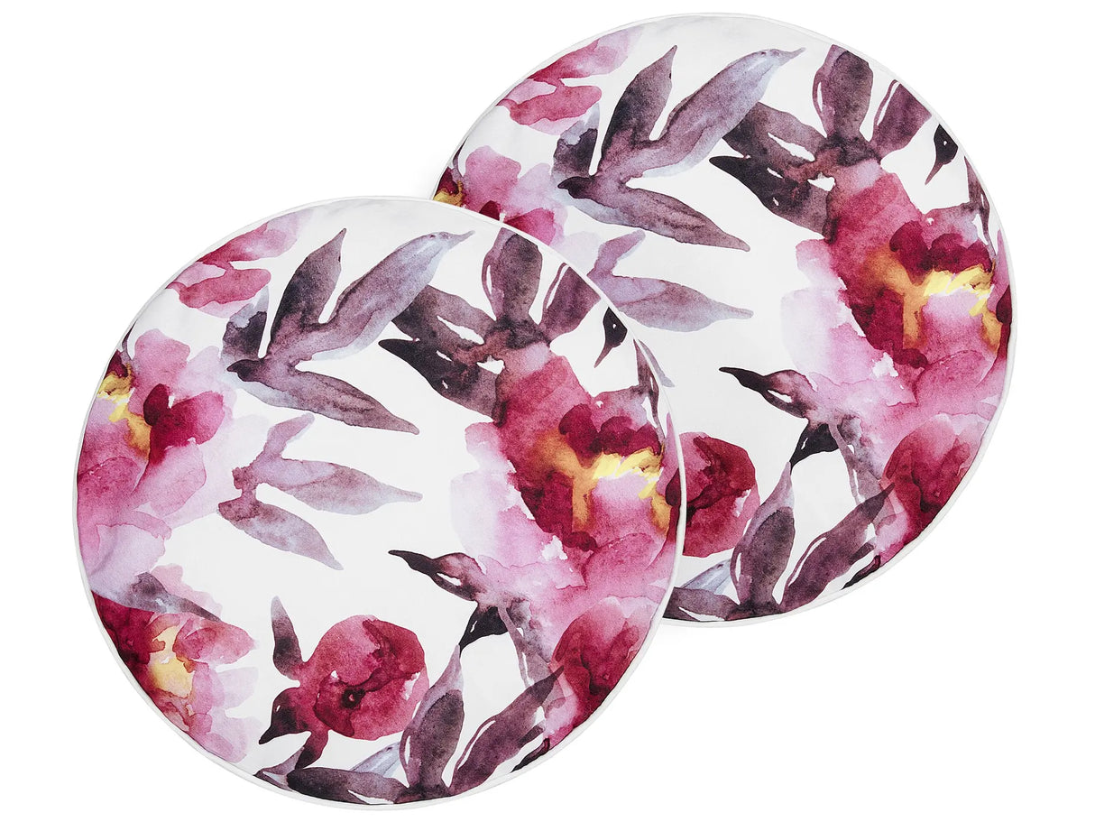 Set of 2 Garden Cushions White and Pink Polyester Floral Pattern 40 cm Round Modern Outdoor Patio Water Resistant Beliani