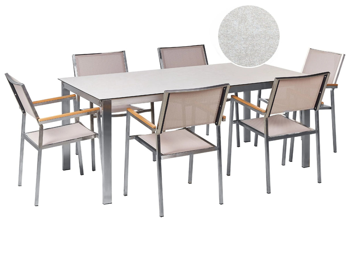 Garden Dining Set White Tabletop Glass Stainless Steel Frame Beige Set of 6 Chairs Textilene Modern Outdoor Style Beliani