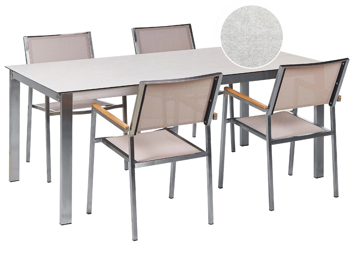 Garden Dining Set White Tabletop Glass Stainless Steel Frame Beige Set of 4 Chairs Textilene Modern Outdoor Style Beliani