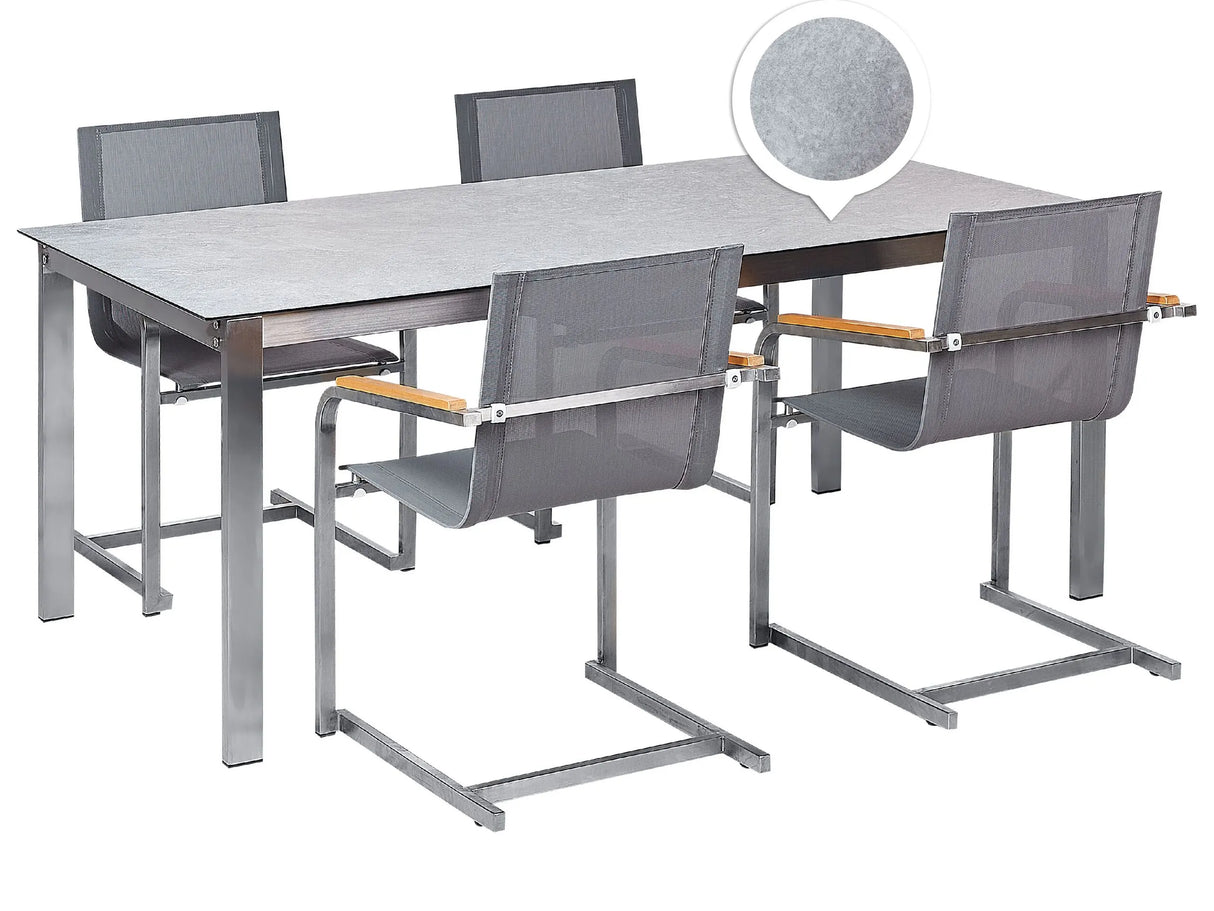 Garden Dining Set Grey Tabletop Glass Stainless Steel Frame Grey Set of 4 Chairs Textilene Modern Outdoor Style Beliani