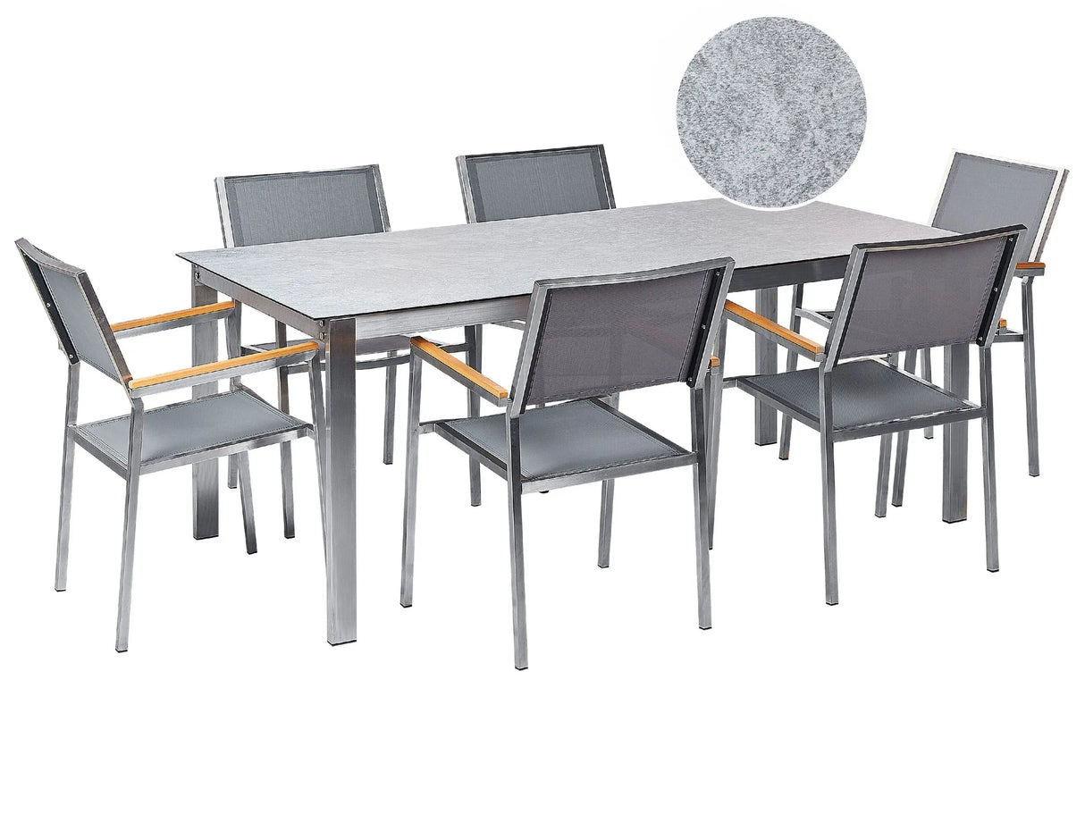Garden Dining Set Grey Tabletop Glass Stainless Steel Frame Grey Set of 6 Chairs Textilene Modern Outdoor Style Beliani