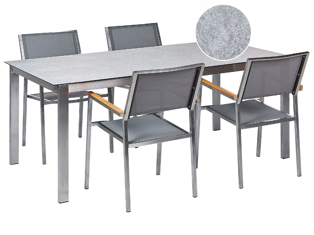 Garden Dining Set Grey Tabletop Glass Stainless Steel Frame Grey Set of 4 Chairs Textilene Modern Outdoor Style Beliani