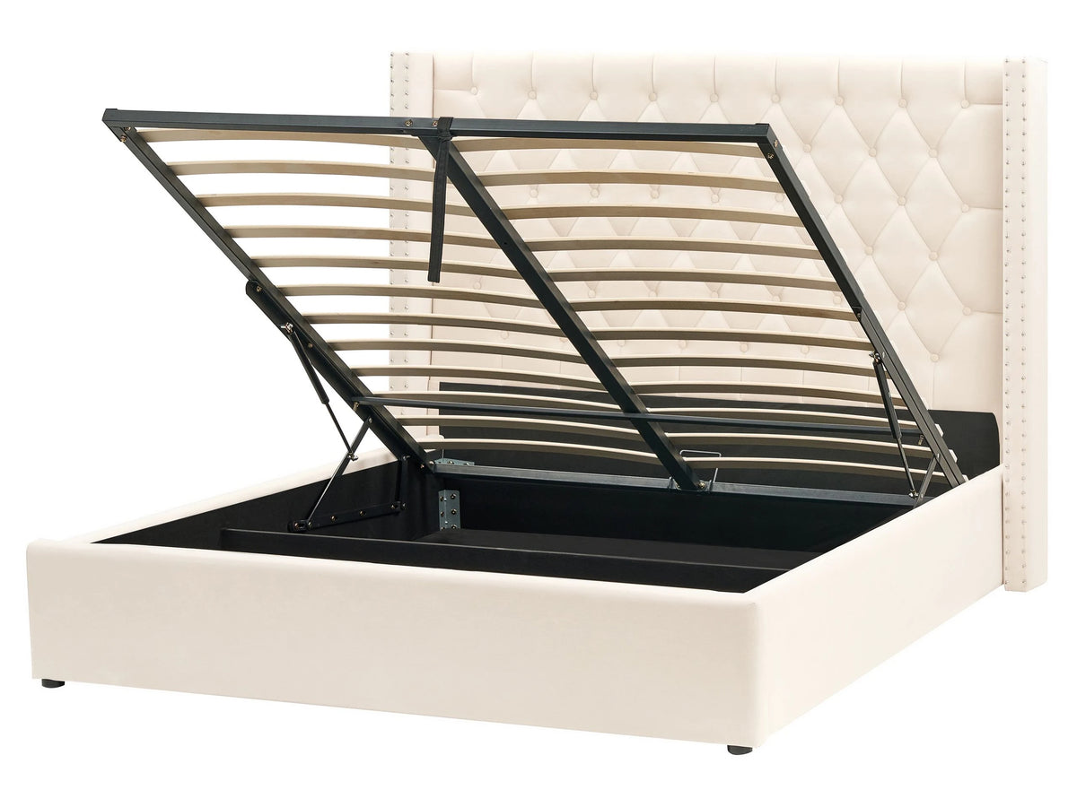 Bed Frame with Storage Off-White Velvet Upholstered 5ft3 EU King Size Ottoman Bed Beliani