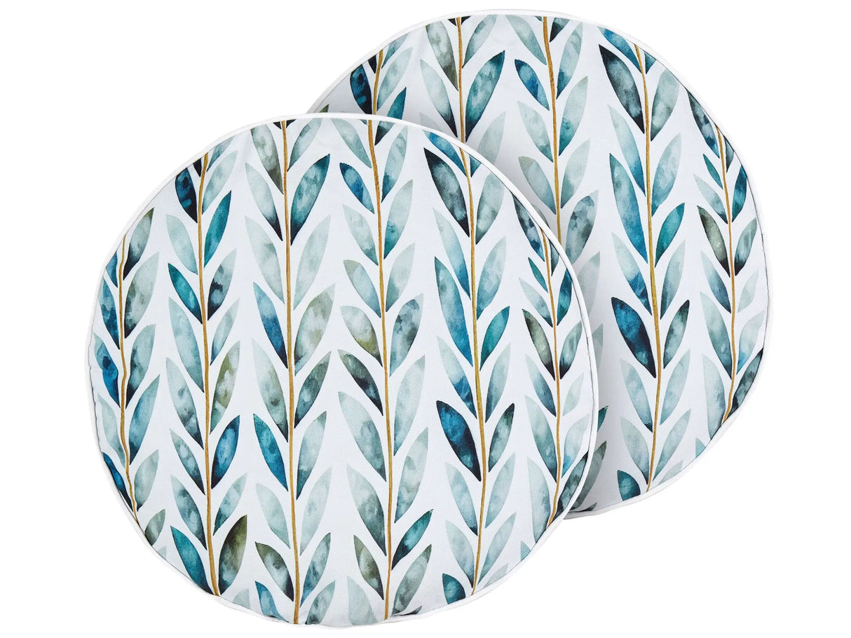 Set of 2 Garden Cushions White and Green Polyester 40 cm Round Leaf Pattern Motif Modern Design Throw Scatter Pillow Beliani
