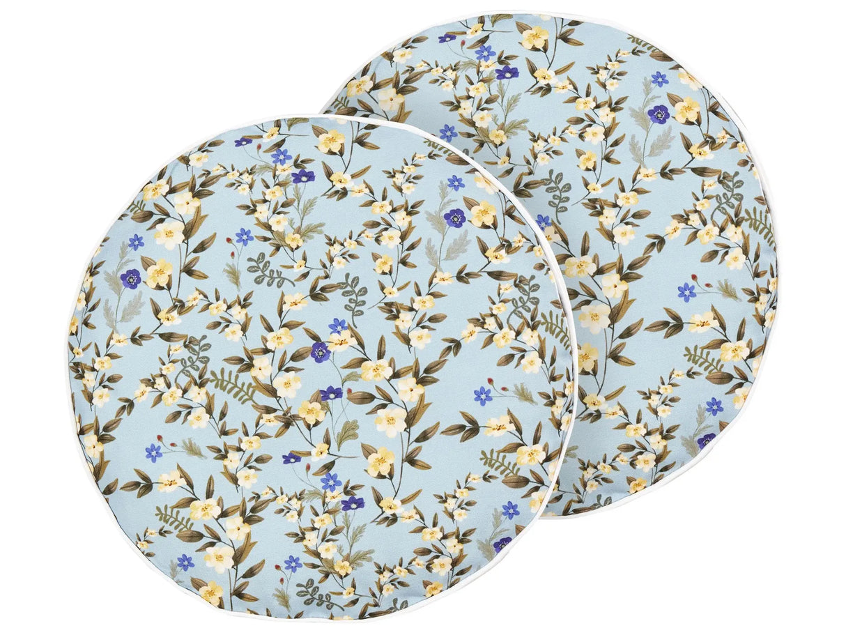 Set of 2 Outdoor Cushions Blue Polyester 40 cm Round Floral Print Pattern Scatter Pillow Garden Patio Beliani