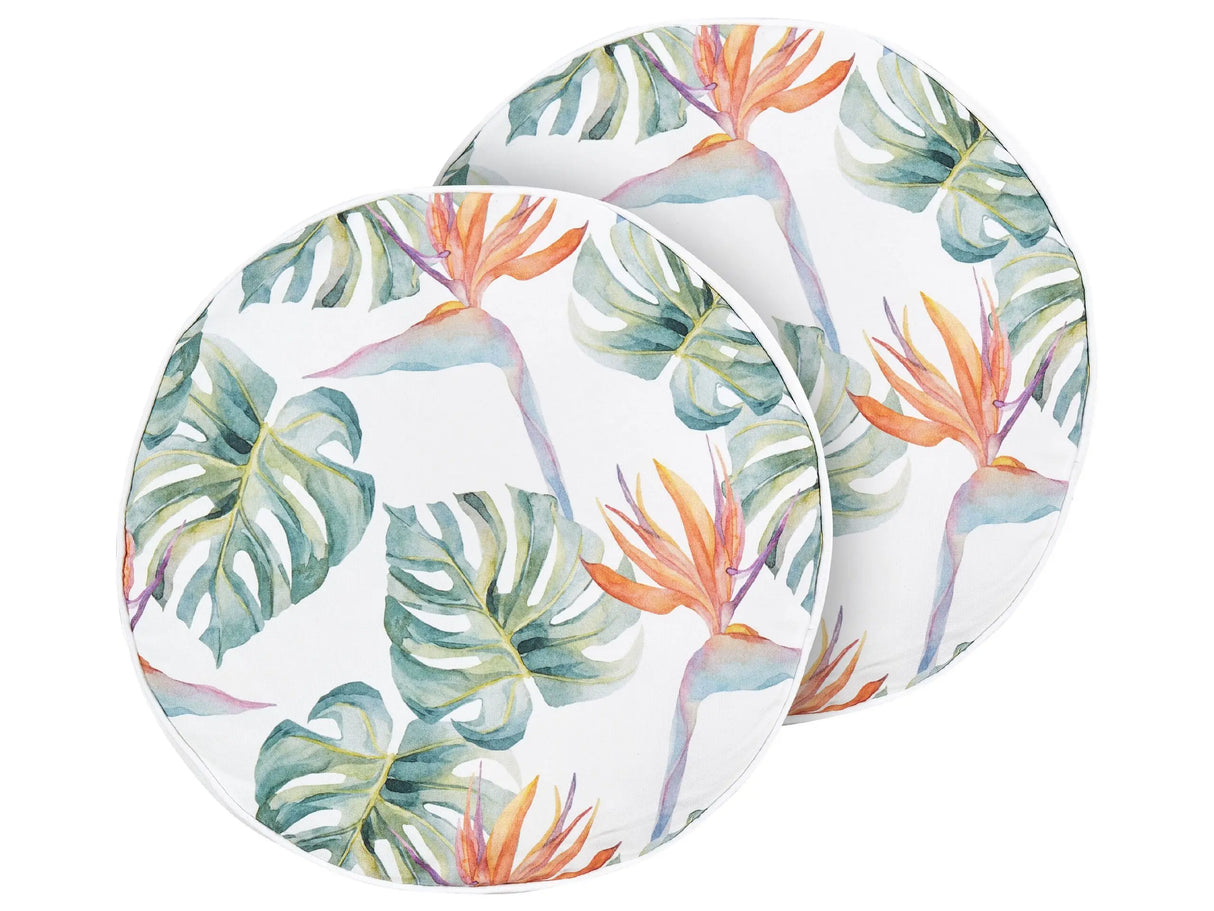 Set of 2 Garden Cushions Multicolour Polyester 40 cm Round Monstera Leaf Pattern Motif Modern Design Throw Scatter Pillow Beliani