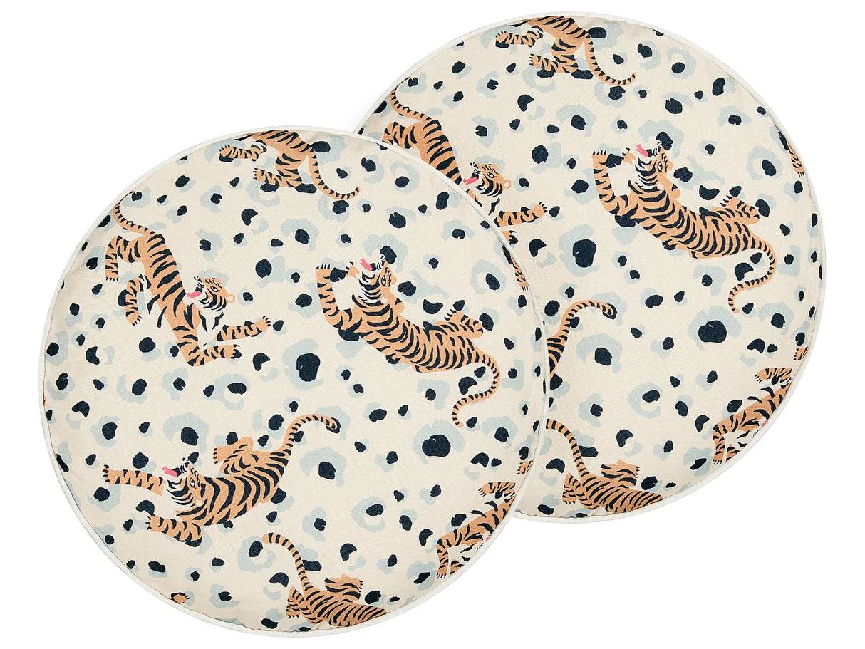 Set of 2 Garden Cushions Multicolour Polyester 40 cm Round Tiger Pattern Motif Modern Design Throw Scatter Pillow Beliani