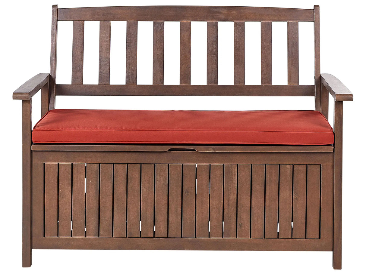 Garden Bench with Storage Dark Solid Acacia Wood Red Cushion 120 x 60 cm 2 Seater Outdoor Patio Rustic Traditional Style Beliani