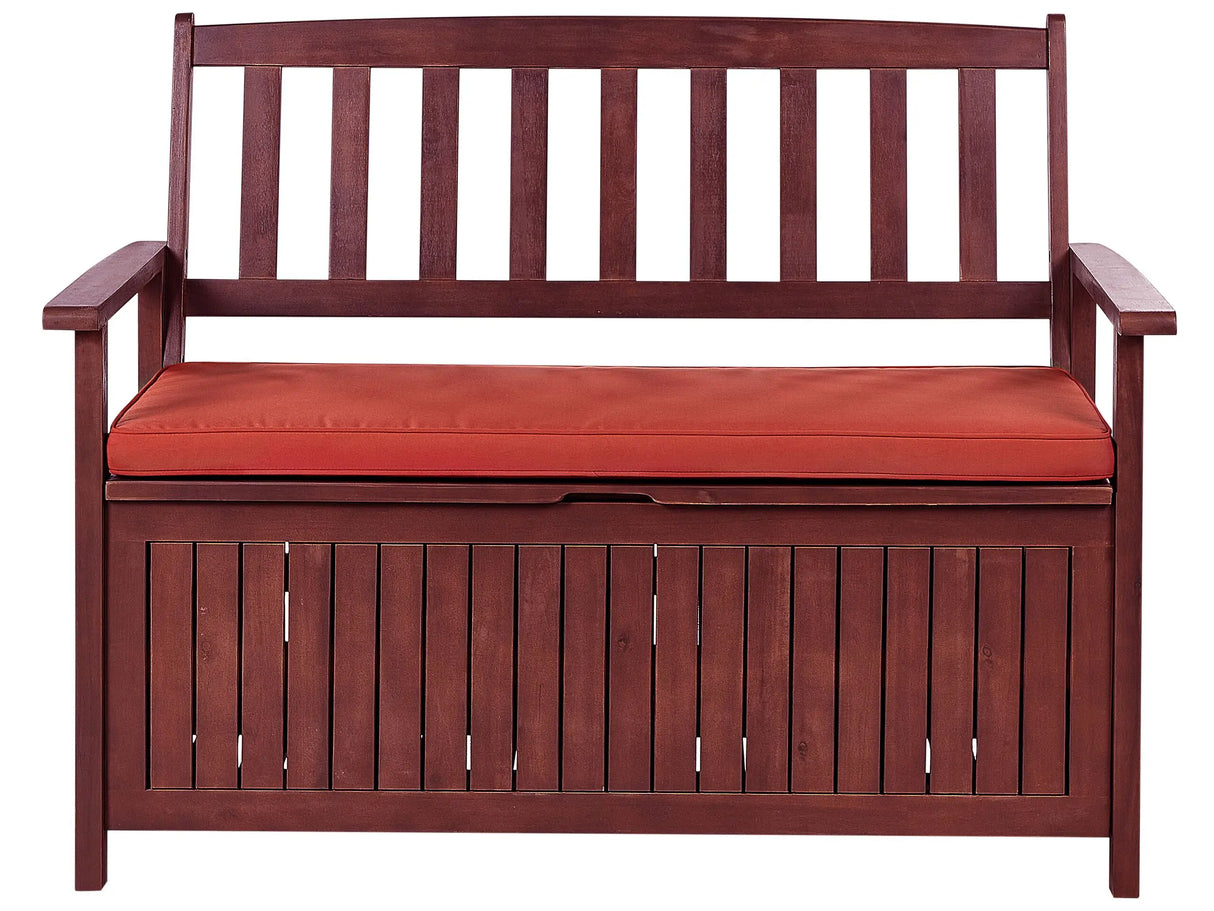 Garden Bench with Storage Mahogany Brown Solid Acacia Wood Red Cushion 120 x 60 cm 2 Seater Outdoor Patio Rustic Traditional Style Beliani