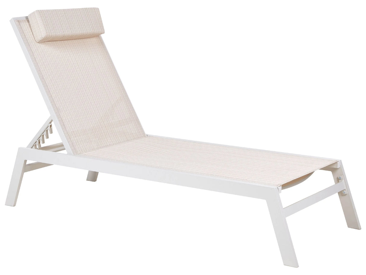 Sun Lounger Beige Sling Headrest Cushion White Powder Coated Aluminium Frame Reclining Garden Outdoor Beliani