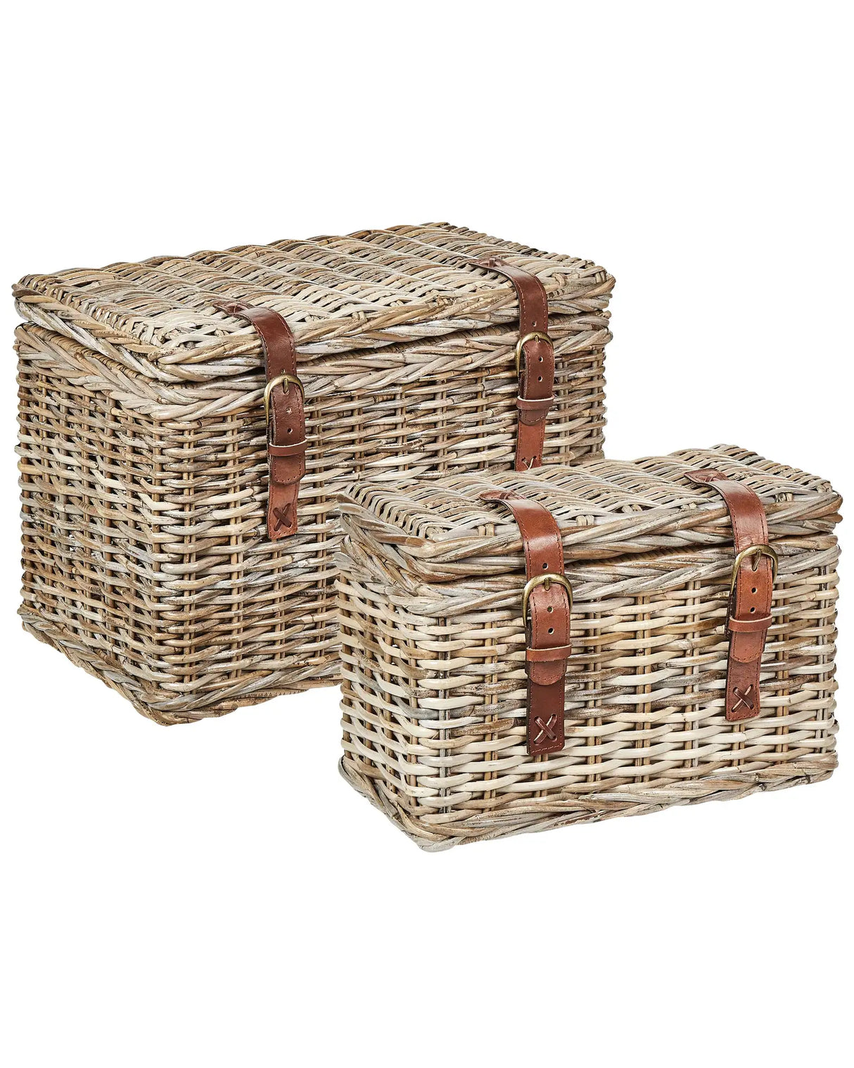 Set of 2 Baskets Natural Rattan with Leather Belts and Lids Handmade Mahogany Frame Boho Style Living Room Bedroom Beliani