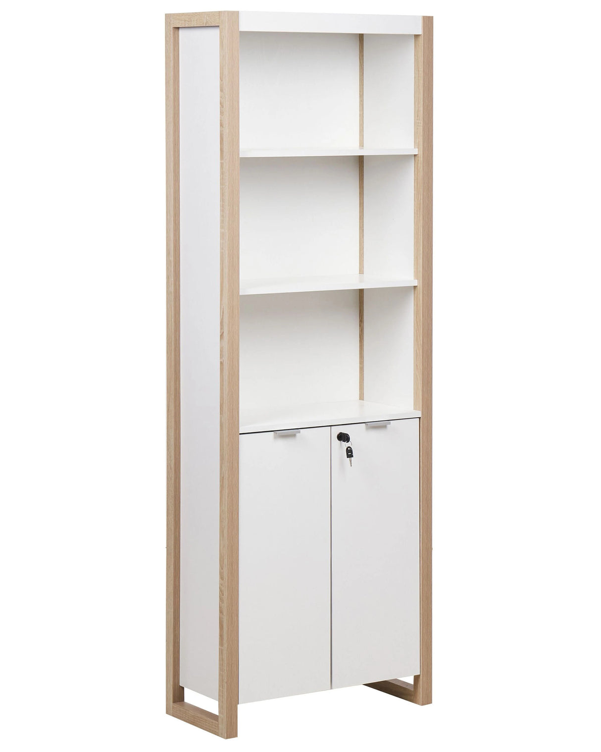 Bookcase Light Wood White Engineered Wood 3-Tier with Locker for Documents Modern Scandinavian Office Beliani