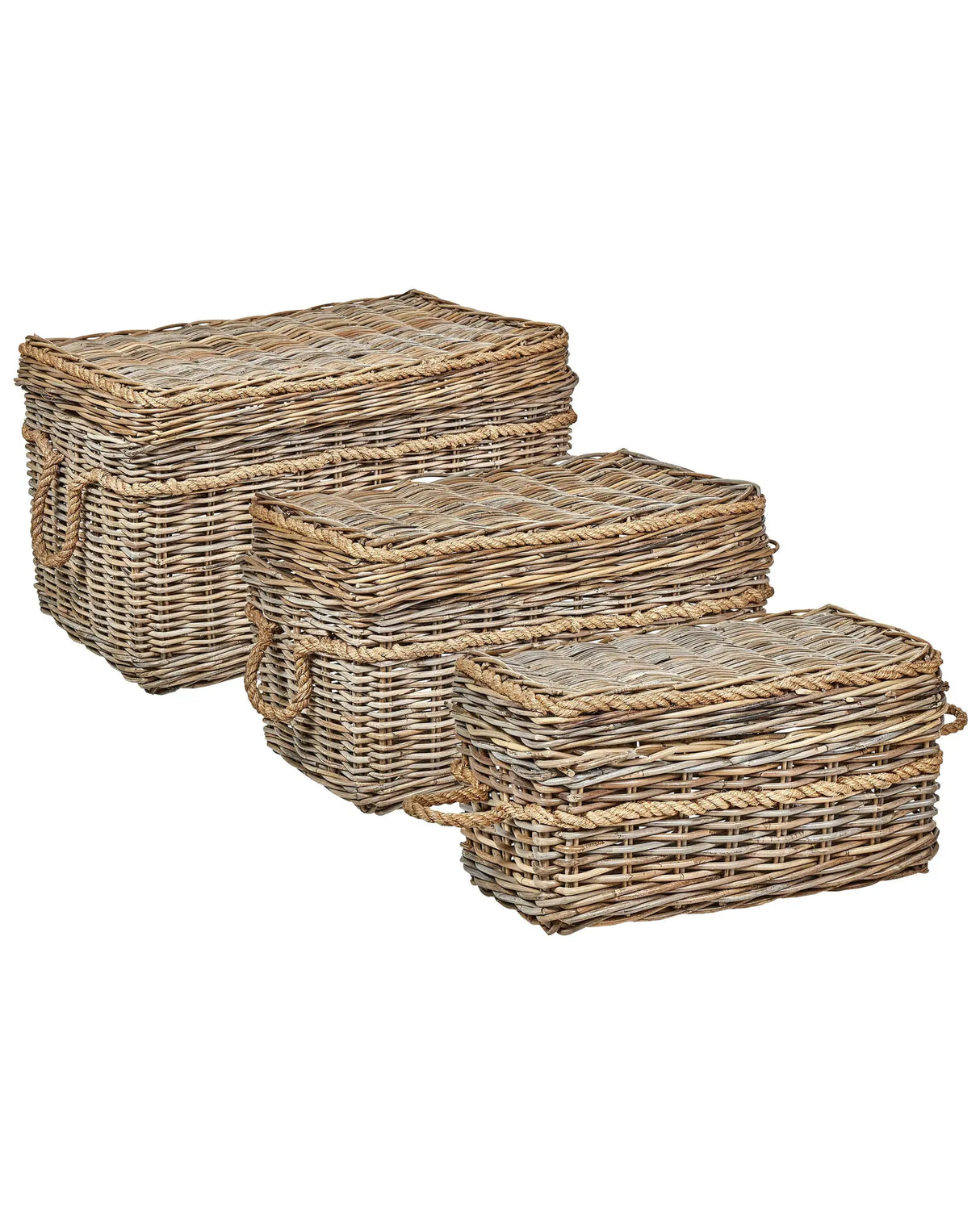 Set of 3 Baskets Natural Rattan with Rope Handles and Lids Handmade Wooden Frame Boho Style Living Room Bedroom Beliani