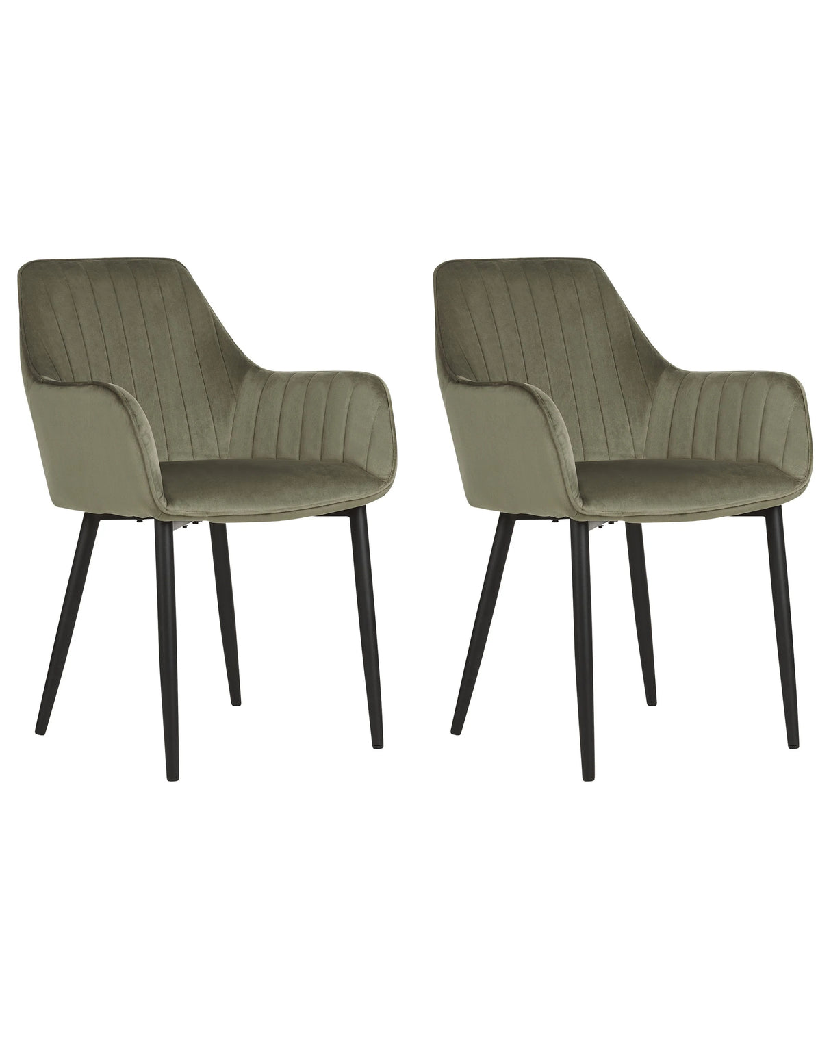 Set of 2 Dining Chairs Olive Green Velvet Armrests Black Metal Legs Retro Glam Beliani