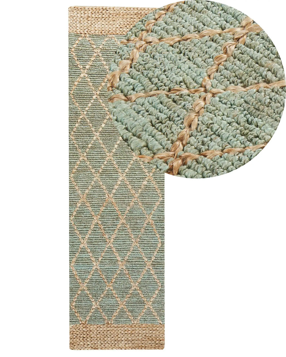Runner Rug Green and Beige Jute 80 x 300 cm Geometric Pattern Hand Woven Boho Hallway Bedroom Beliani