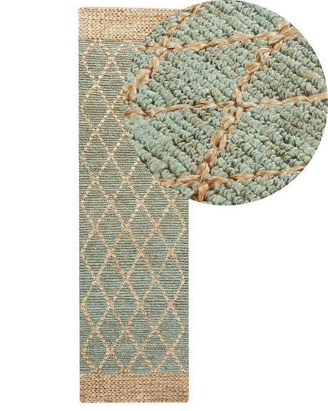 Runner Rug Green and Beige Jute 80 x 300 cm Geometric Pattern Hand Woven Boho Hallway Bedroom Beliani
