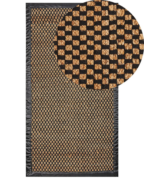 Area Rug Black and Beige Jute Cotton Leather 80 x 150 cm Rectangular Handwoven Carpet Checked Pattern Rustic Traditional Design Beliani