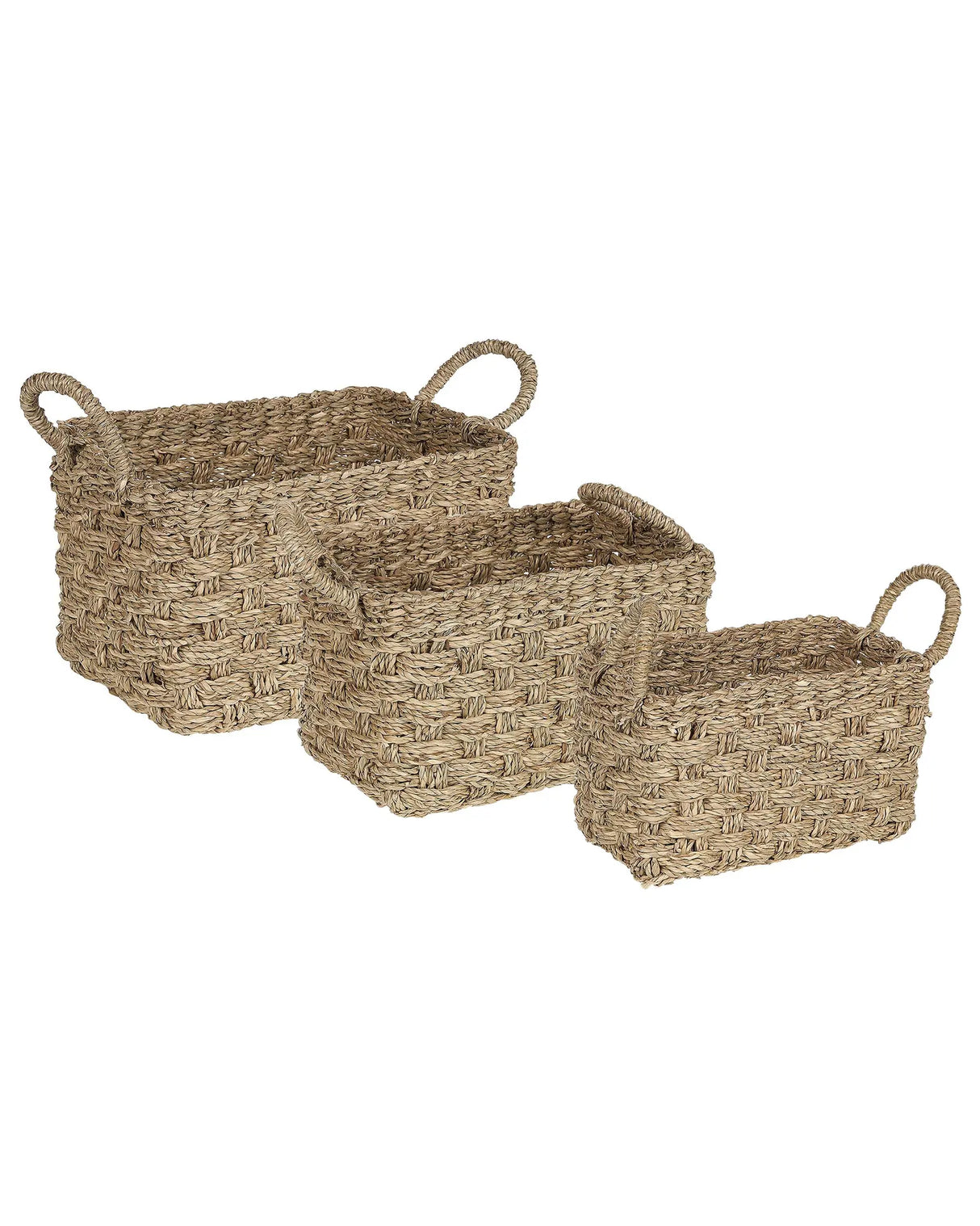 Set of 3 Storage Baskets Light Seagrass Handmade with Handles Shelving Box Boho Design Beliani