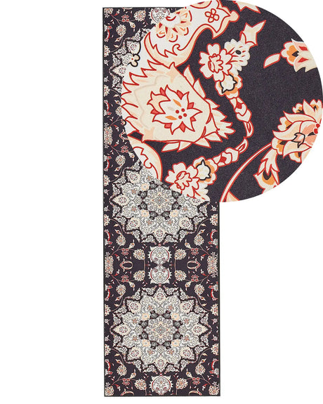 Runner Rug Black and Beige Polyester 60 x 200 cm Oriental Pattern Anti-Slip Bottom Vintage Style Modern Hallway Beliani