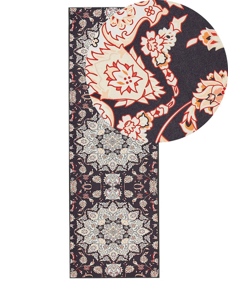 Runner Rug Black and Beige Polyester 80 x 240 cm Oriental Pattern Anti-Slip Bottom Vintage Style Modern Hallway Beliani