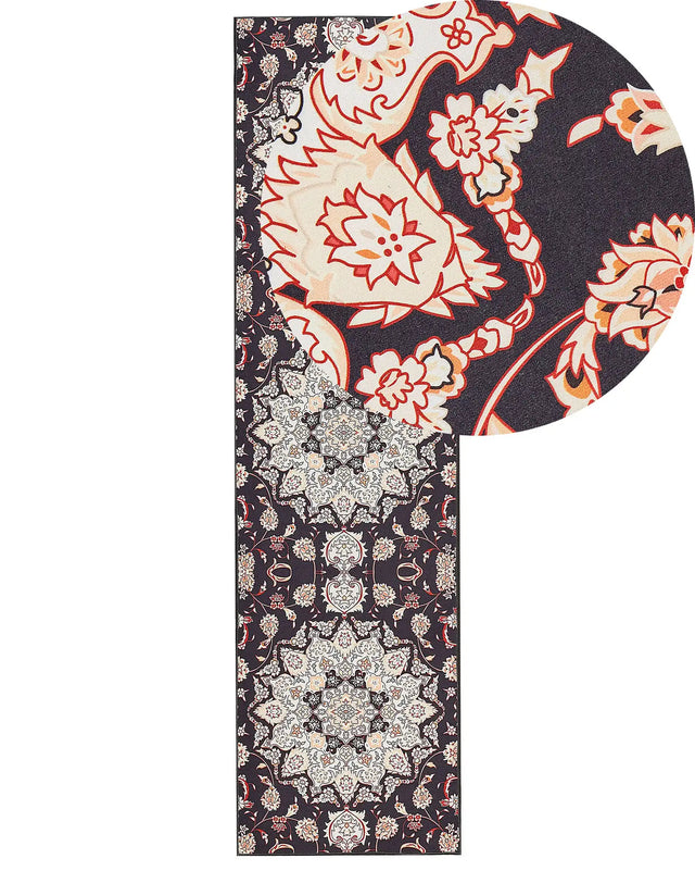 Runner Rug Black and Beige Polyester 80 x 300 cm Oriental Pattern Anti-Slip Bottom Vintage Style Modern Hallway Beliani