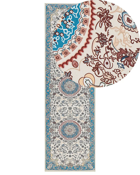 Runner Rug Beige and Blue Polyester 60 x 200 cm Oriental Pattern Anti-Slip Bottom Vintage Style Modern Hallway Beliani