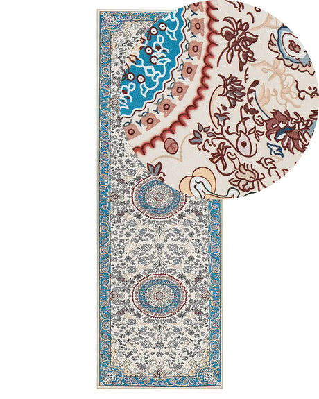 Runner Rug Beige and Blue Polyester 80 x 240 cm Oriental Pattern Anti-Slip Bottom Vintage Style Modern Hallway Beliani