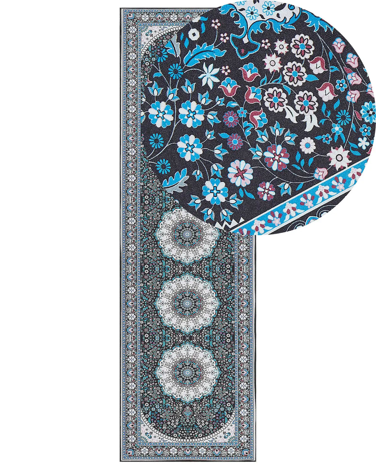 Runner Rug Blue Polyester 60 x 200 cm Oriental Pattern Anti-Slip Bottom Vintage Style Modern Hallway Beliani