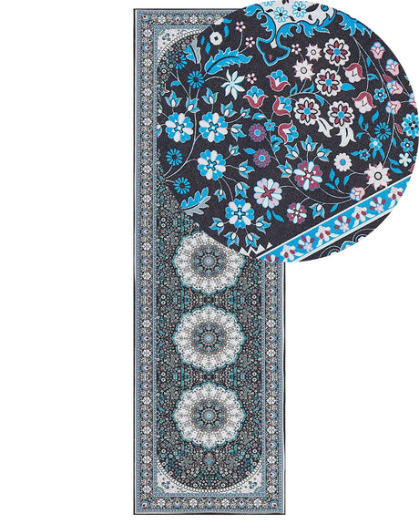 Runner Rug Blue Polyester 60 x 200 cm Oriental Pattern Anti-Slip Bottom Vintage Style Modern Hallway Beliani