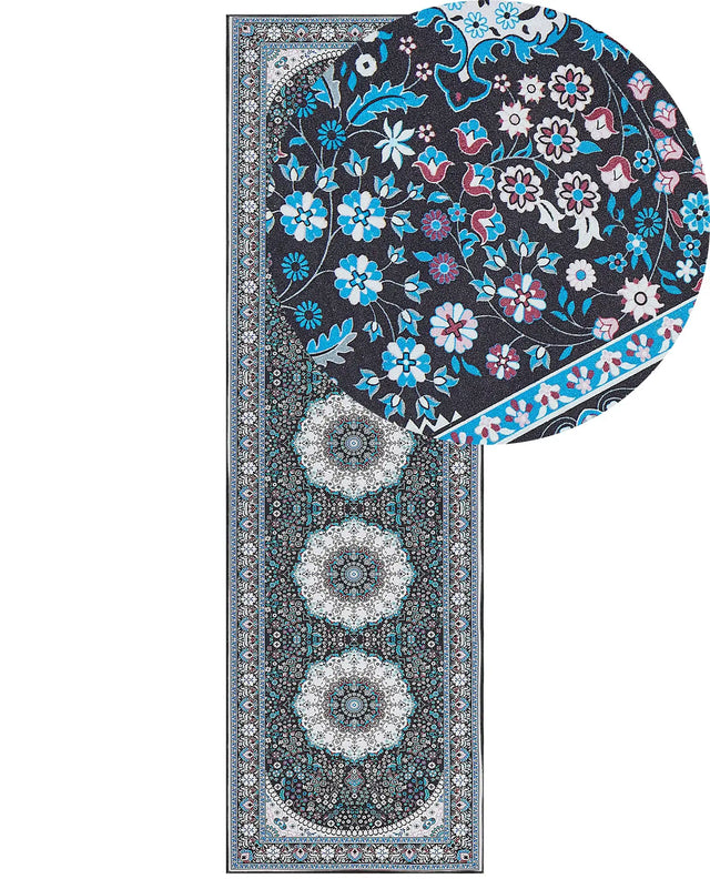 Runner Rug Blue Polyester 60 x 200 cm Oriental Pattern Anti-Slip Bottom Vintage Style Modern Hallway Beliani