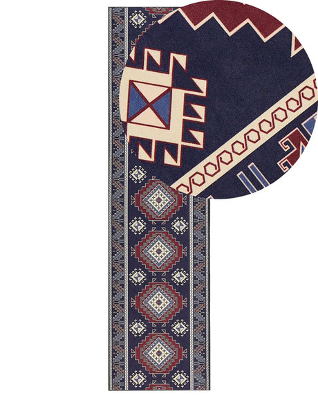 Runner Rug Blue and Red Polyester 80 x 300 cm Oriental Pattern Anti-Slip Bottom Vintage Style Modern Hallway Beliani