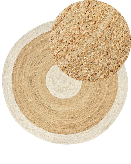 Area Rug Beige and White Jute  140 cm Round Handwoven Boho Style Hallway Living Room Bedroom Beliani