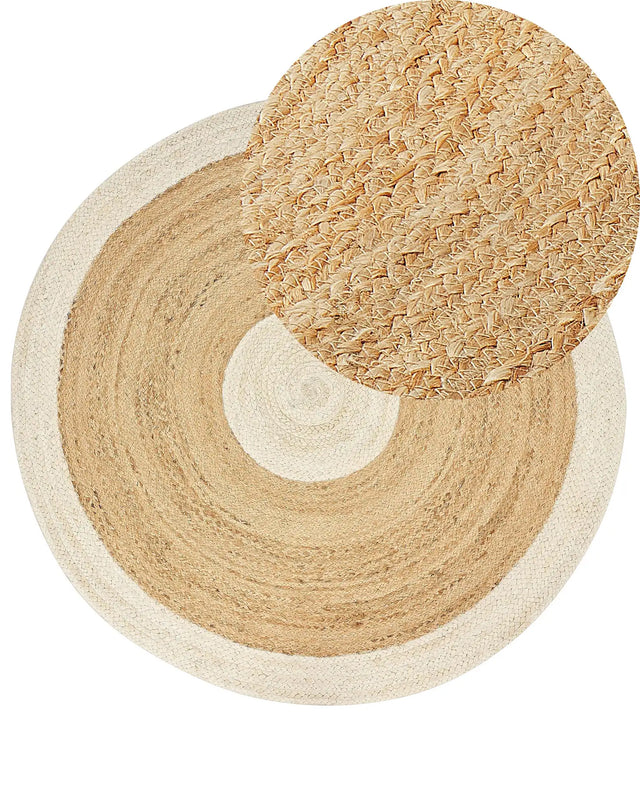 Area Rug Beige and White Jute  140 cm Round Handwoven Boho Style Hallway Living Room Bedroom Beliani