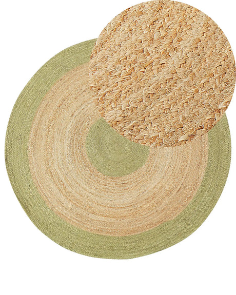 Area Rug Beige and Green Jute  140 cm Round Handwoven Boho Style Hallway Living Room Bedroom Beliani