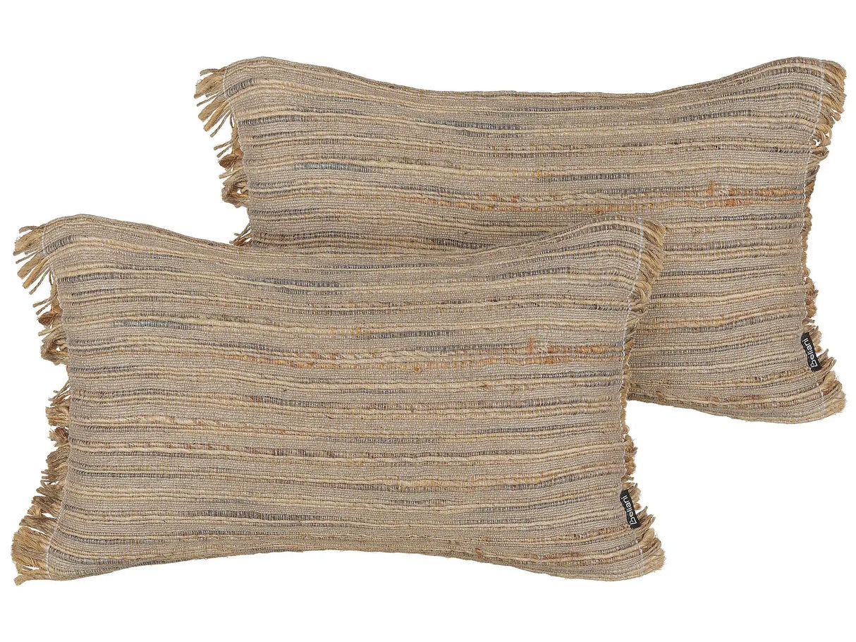 Set of 2 Decorative Cushions Beige Jute 30 x 50 cm Woven Removable with Zipper Decorative Fringe Boho Decor Accessories Beliani