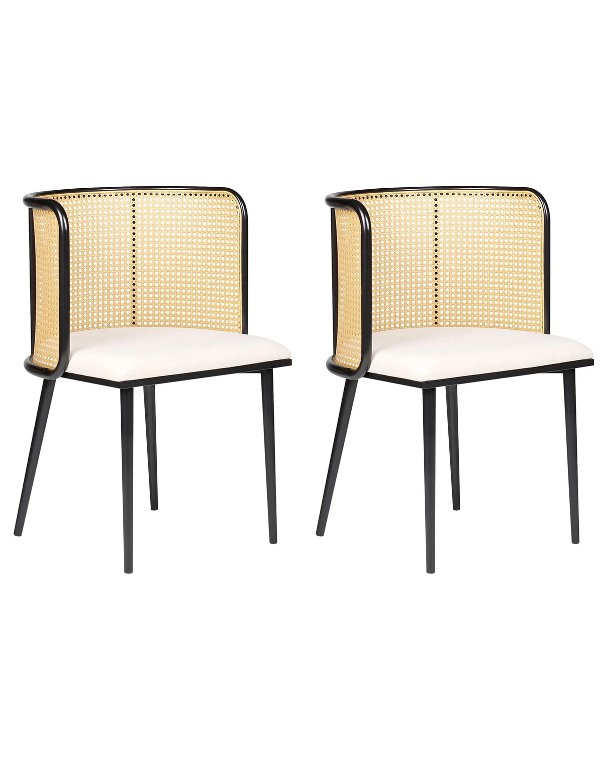 Set of 2 Dining Chairs Black Metal Frame Beige Fabric Seat Viennese Braid Backrest Retro Seating Beliani