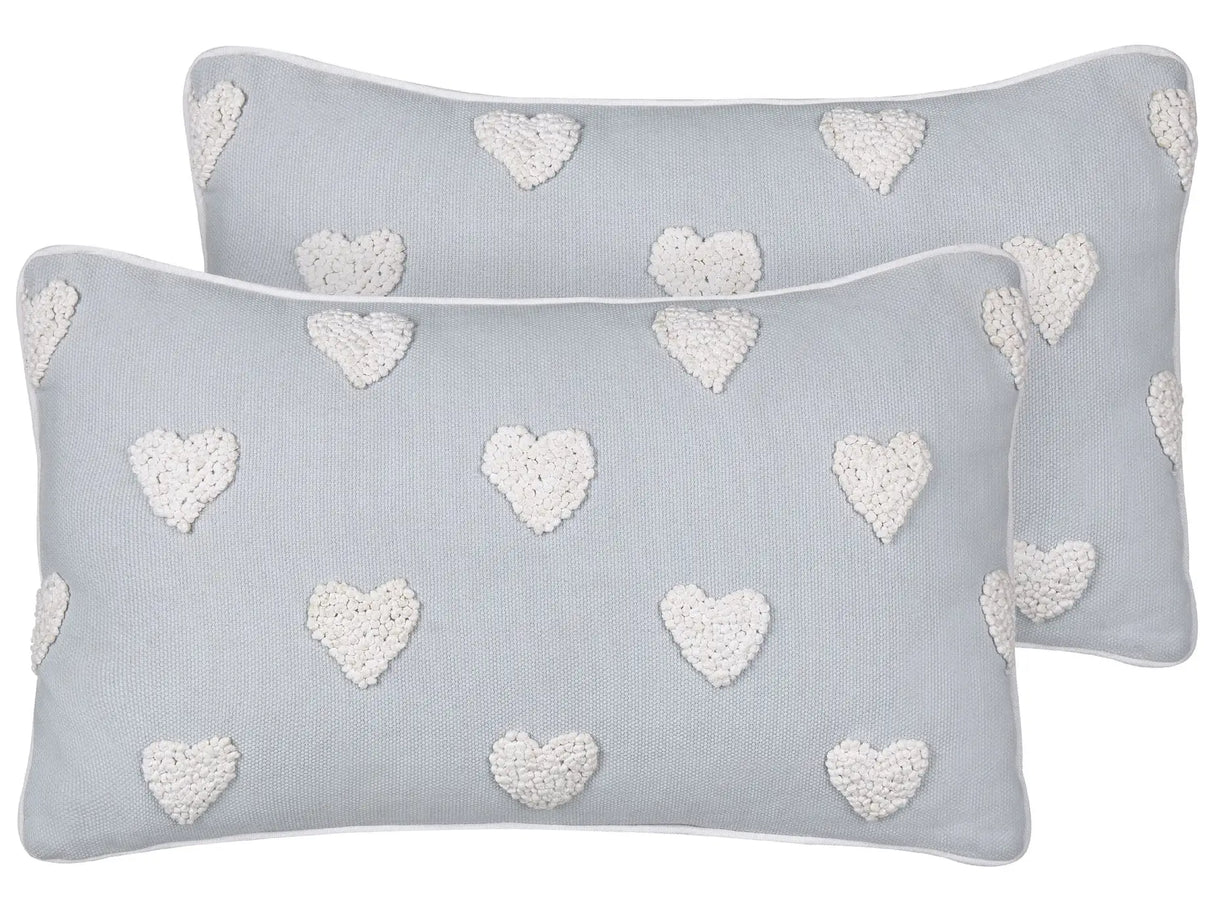 Set of 2 Scatter Cushions Grey Cotton 30 x 50 cm Embroidered Hearts Pattern Beliani