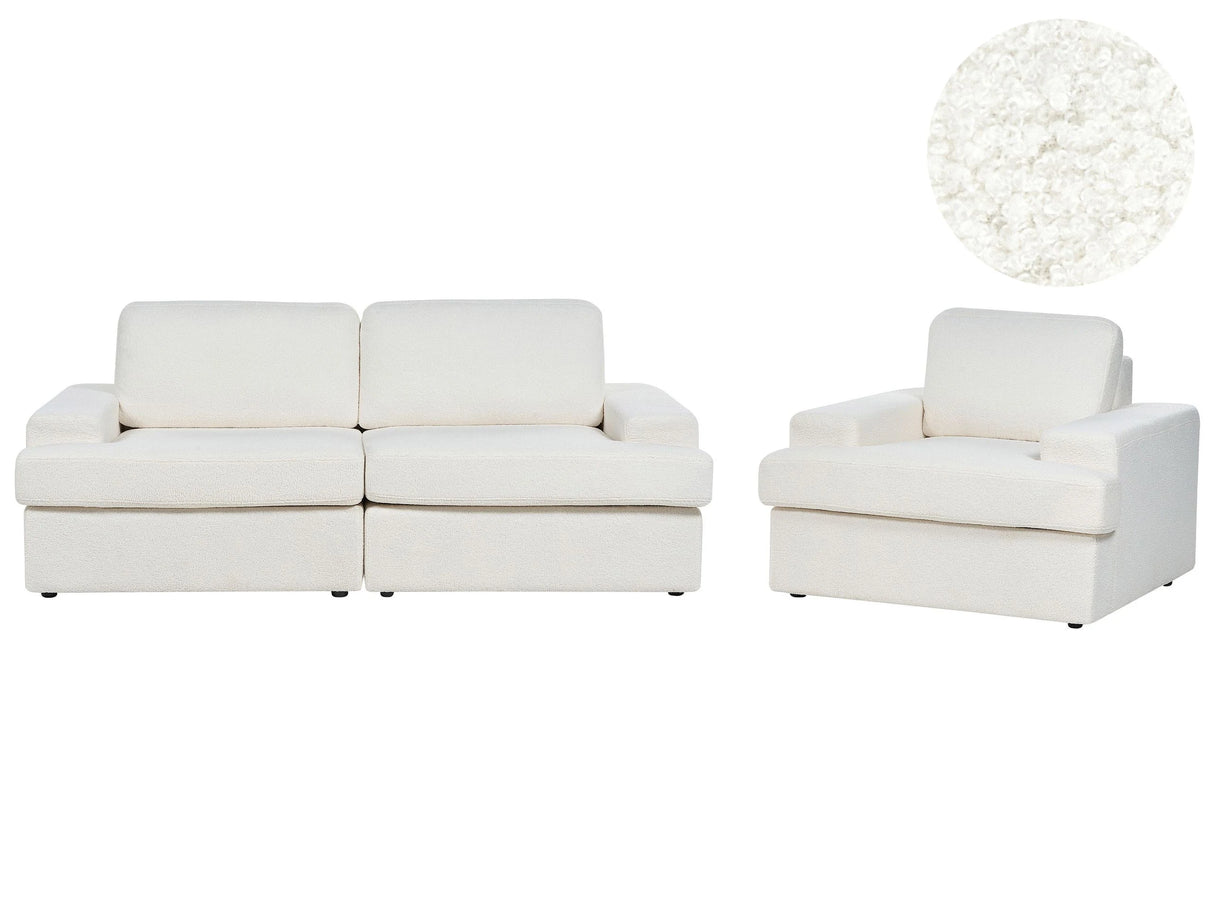 Sofa Set White Boucle Upholstered 4 Seater with Armchair Cushioned Thickly Padded Backrest Classic Living Room Couch Beliani