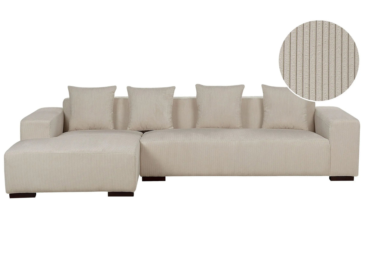 Right Hand Corner Sofa Beige Corduroy L-Shaped 4 Seater Jumbo Cord with Throw Pillows Modern Design Beliani