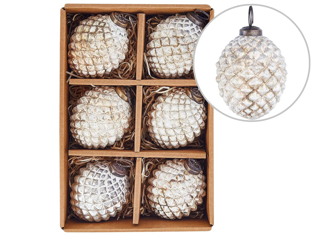 Set of 6 Christmas Baubles Off-White Glass Hanging Distressed Effect Xmas Tree Handmade Balls Holiday Decor Beliani