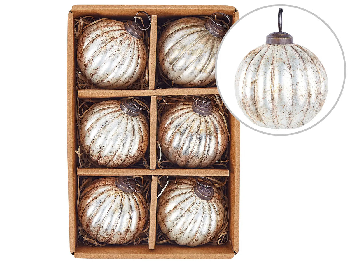 Set of 6 Christmas Baubles Silver Glass Hanging Distressed Effect Xmas Tree Handmade Balls Holiday Decor Beliani