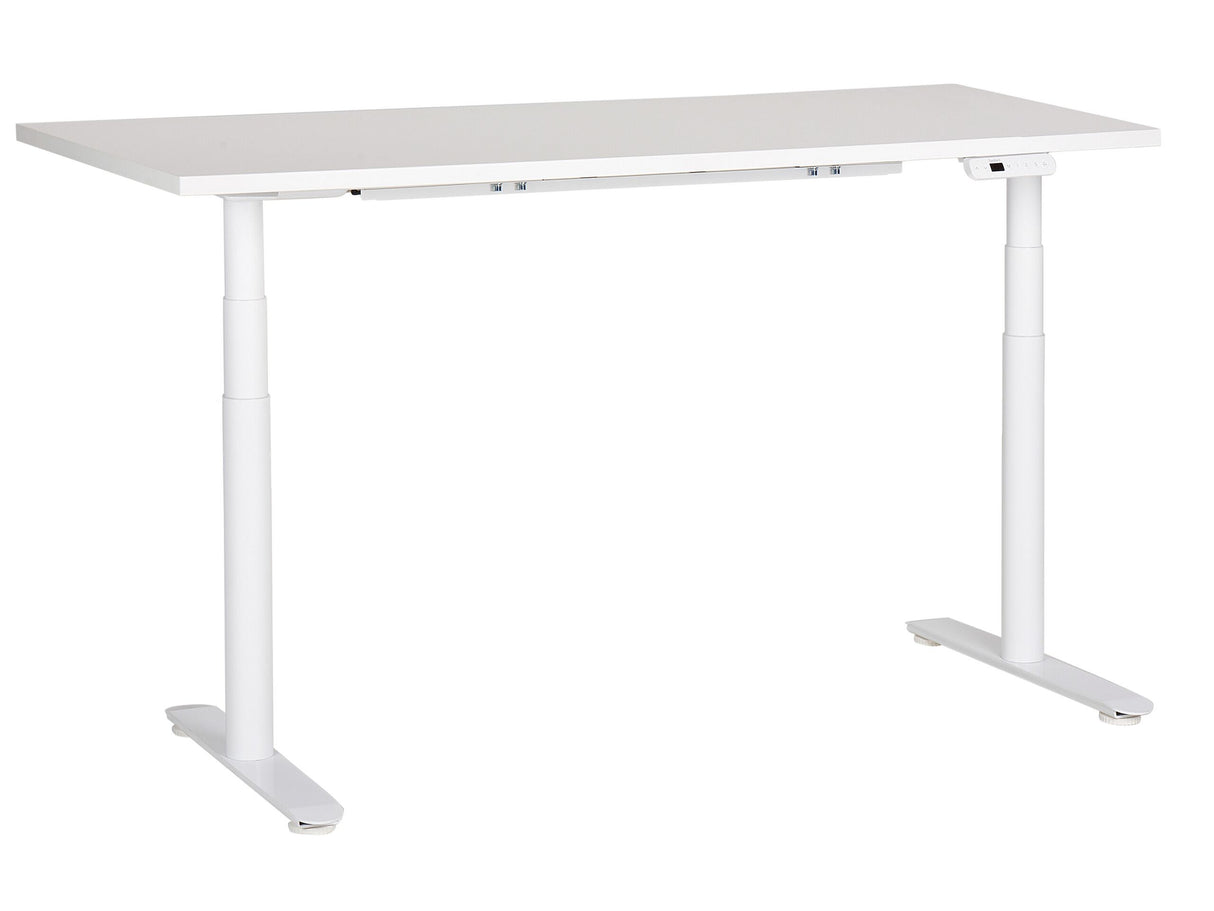 Electrically Adjustable Desk White Tabletop White Steel Frame 160 x 72 cm Sit and Stand Round Feet Modern Design Beliani