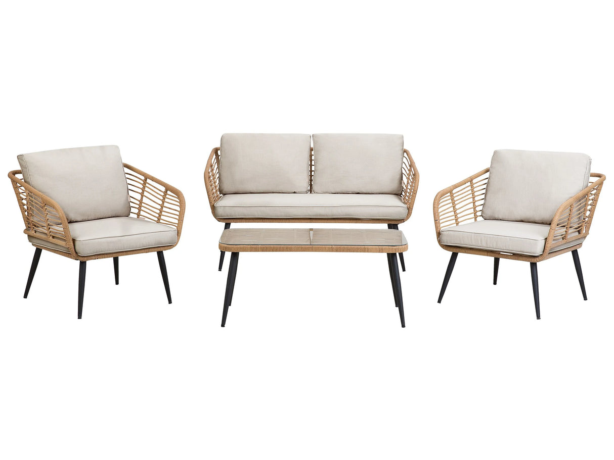 Garden Conversation Sofa Set Light Beige Faux Rattan with Cushions and Coffee Table Beliani
