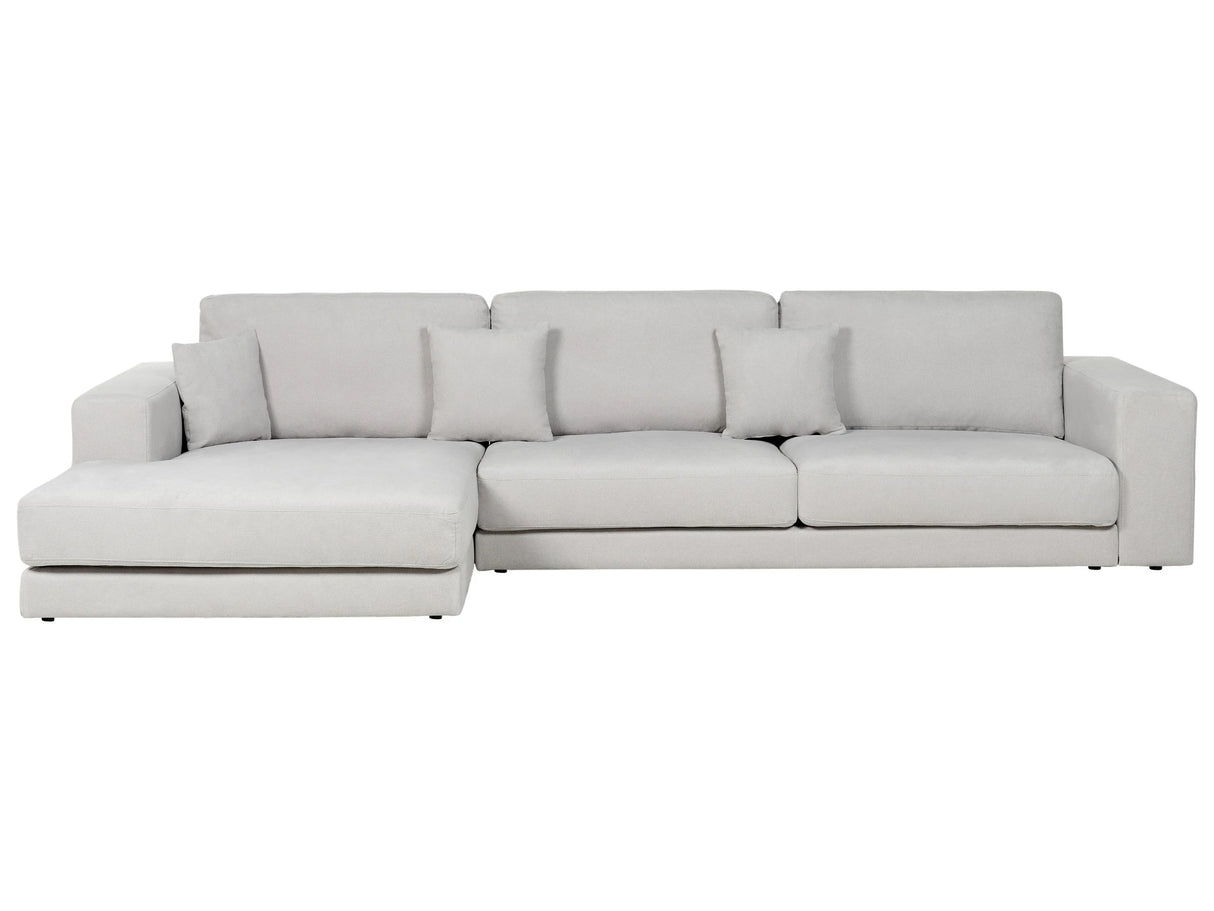 Right Hand 4 Seater Corner Sofa Light Grey Fabric Upholstered Track Armrests Additional Cushions Minimalistic Modern Style Beliani